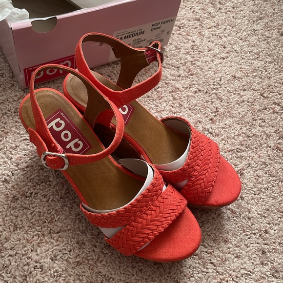 NEW 7.5 Med Coral Wedge cork-look Platform Woven Strap Sandals Heels Shoes - Picture 7 of 9